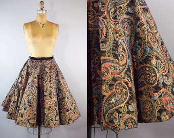 Vintage 1950s Paisley Print Circle Skirt with Velvet Waistband