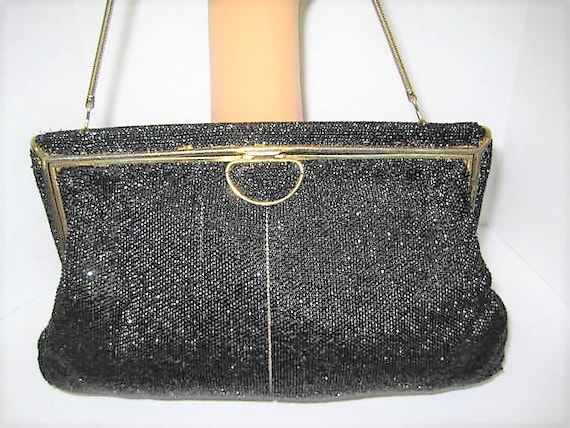 Bags by Josef, Black Beaded Evening Purse, Black Satin Lining , Gift for Woman, Hand Beaded in France, Gift for Woman