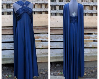 Vintage 1960s or 70s MAJESTIC full length keyhole front navy blue evening dress with over the shoulder train