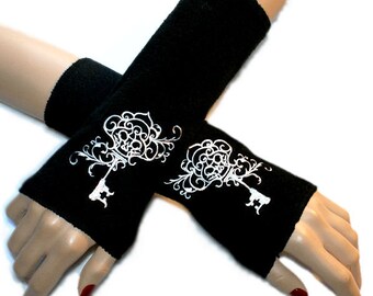 Embroidered Filigree Skeleton Key Fleece Arm Warmers white / Black MTCoffinz