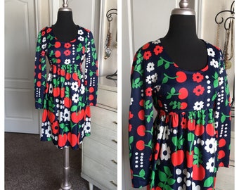 Vintage 1960's 70's Cherry and Floral Print Mini Babydoll Dress M/L