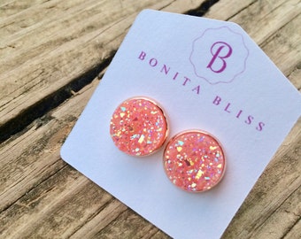 Pink Faux Druzy Earrings on Rose Gold Setting, Pink Drusy, Drusy Studs, Pink Earrings