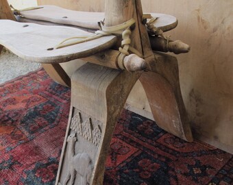 Antique Camel Saddle Chair Vintage Egyptian Ottoman Seat Hand Carved Wood Frame