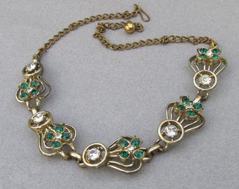 1940's Retro Emerald Green & Crystal Rhinestone Gold Tone Choker Necklace