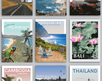 Set of 9 Vintage Travel Postcards, Various Destinations