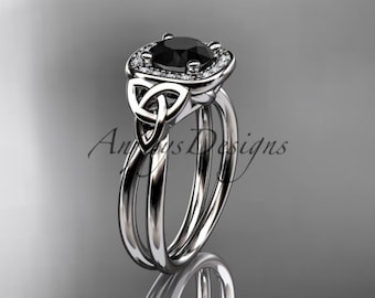 Celtic engagement ring, platinum diamond celtic trinity knot wedding ring, engagement ring with a Black Diamond center stone CT7330