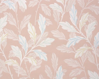 1940s Vintage Wallpaper by the Yard - White Leaves on Pink Background