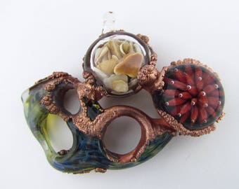 Heady Glass Shell Ocean Reef Pendant with copper, Tidepool Jewelry, Hand Blown Glass with Shells, Collectible Glass Art, Electroform Boro