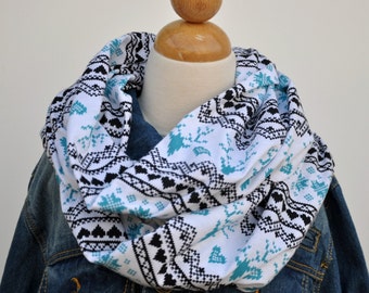 Fair Isle Infinity Scarf, Jersey Knit Scarf, Christmas Infinity Scarf, Gray and Turquoise, Reindeer Fair Isle