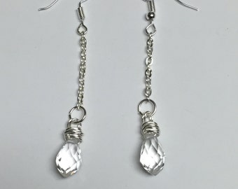 Glass Crystal Tear Drop Silver Chain Earrings
