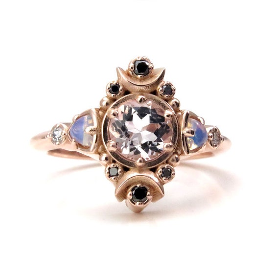 Moon Empress Engagement Ring - Morganite with Opalite Trillions and Black and White Diamonds