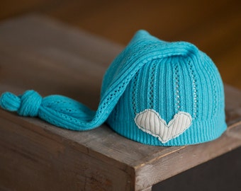 Newborn Hat, Newborn Photography Prop, Aqua Blue Hat with Heart, Upcycled Newborn Hat, Newborn Hats, Newborn Knot Hat, Newborn Photo Prop
