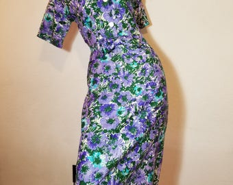 FREE SHIPPING 1950 Floral Cootn Sheath Dress