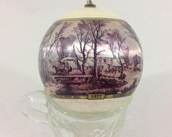 Vintage Currier and Ives The Grist Mill Satin Ball Christmas Tree Ornament Homestead Series 1977