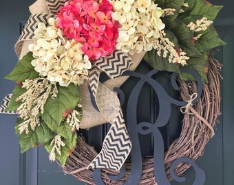 BEST SELLER -Everyday Wreath -Wreaths -Spring Wreath -Summer Wreath -Hydrangea Chevron Burlap Monogram Wreath -Wreath - Gift Ideas