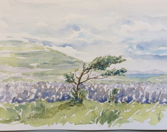 Original watercolor painting, landscape of Ireland, tree in the wind