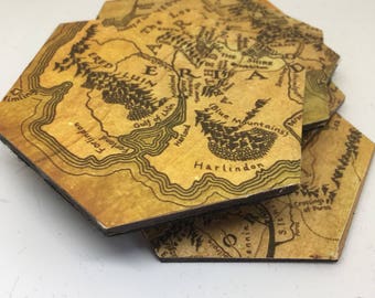 Lord of the Rings Coasters- hexagonal JRR Tolkein Inspired Home Decor The Shire Home Accessories Geek Chic Hobbit Unique Gift for Birthday
