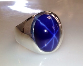 Mens Custom Heavy Sterling Silver Oval Blue Star Sapphire Ring