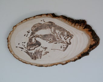 Bass Fish Outline Burnt on Wood piece Gift