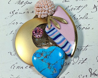 Vintage collage brooch pin heart turquoise pink pearl upcycled orphan earrings assemblage