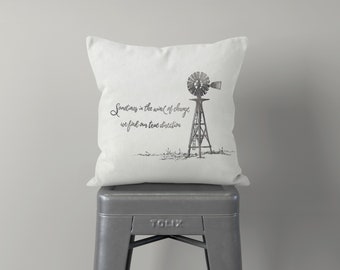 Windmill Throw Pillow, Farmhouse Pillow, Pillow Cover, Shabby Chic, Gray, Rustic Decor, Quote, Inspirational, Cushion, Off White, Feedsack