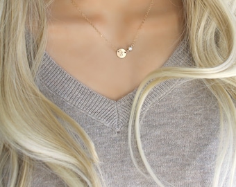 Gold initial necklace, solitaire cubic zirconia & Initial disc, 14Kt Gold Filled personalized custom stamped tag Monogram Letter circle