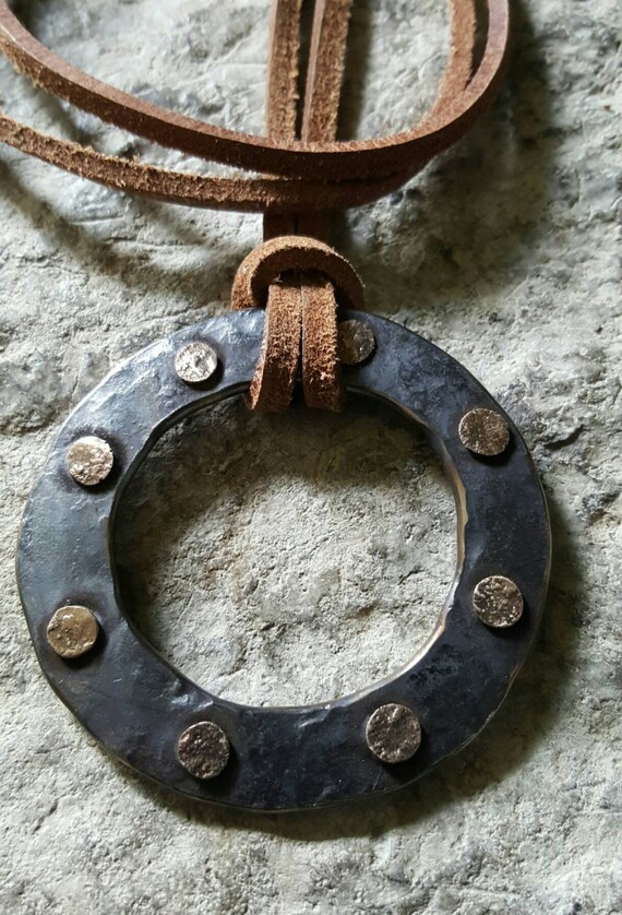 Bronze Hand Forged Textured Pirate Circle Pendant Rustic Detail Jewelry Necklace 2.5"d Hypoallergenic Stainless Steel & Brown Leather Strap