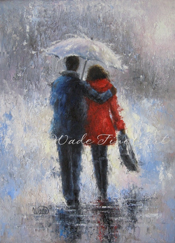 Rain Romance Art Print lovers in rain loving couple walking