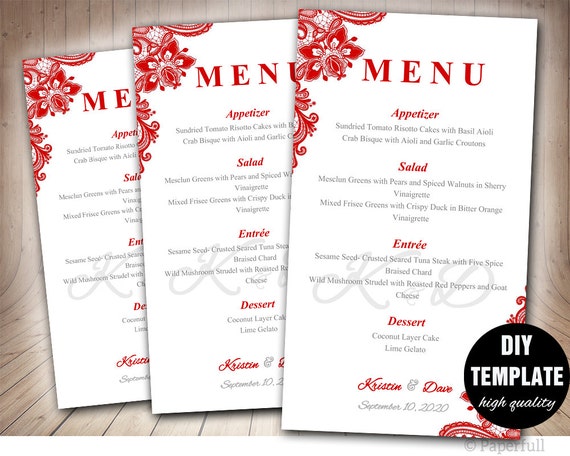 red wedding menu card templatediy wedding menu template red rsvp list template