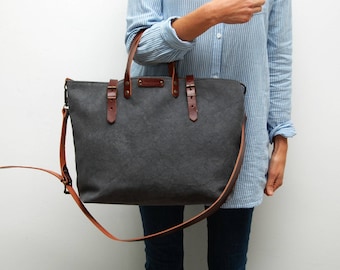 waxed canvas bag /tote bag/with leather handles and closures,charcoal color