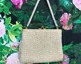 60s White Iridescent Bead Richere Purse Bridal Handbag