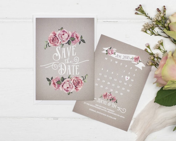 Rustic Save The Date Card - A6 Grey Rustic Rose