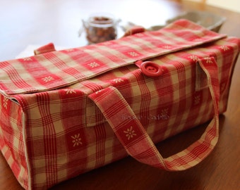 cake bag, gift idea, zero waste, bottle bag, red and beige cotton bag, reuse bag, reusable bag, made in france, gift for her