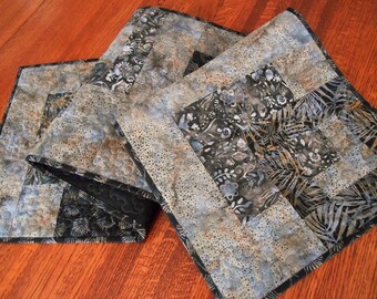 Black and Gray Modern Quilted Table Runner, Batik Table Quilt, Dining Table Decor, Dresser Runner, Modern Home Decor, Coffee Table Runner