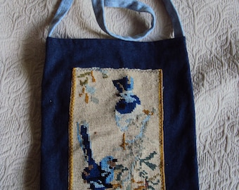 Handmade up cycled recycled denim tote bag with embroidered wren bird design