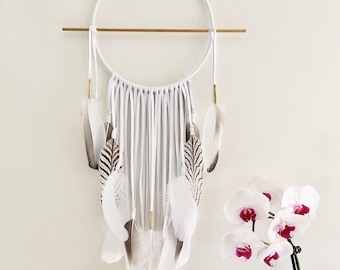 Modern White Leather Dream Catcher 12" x 25". Handmade. Wall hanging. Boho.
