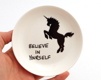 Unicorn ring holder, trinket dish with unicorn, Believe in yourself, encouragement, friendship, gifts under 10, upcycled ring dish