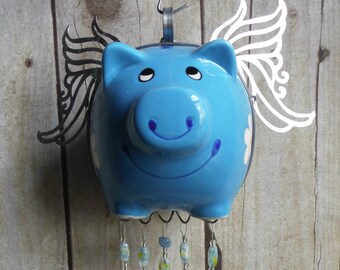 Flying Pig in Blue Stained Glass Handmade Wind Chimes