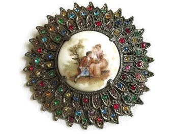 Art Deco Rhinestone Cameo Brooch Porcelain Victorian Couple Multi Color Vintage