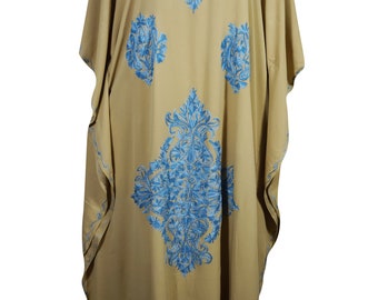 Bohemian Stylish Embroidered Kimono Caftan Brown Cover Up Resort Wear Embellished Evening Dress 4XL