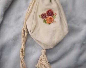 hand embroidered Reproduction 1840's Regency Jane Austen Reticule Purse Linen Crochet Lace Roses