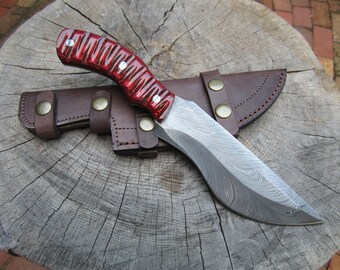 Damascus Steel Knife 11" with Feather Damascus Blade and Red Dymondwood Handle