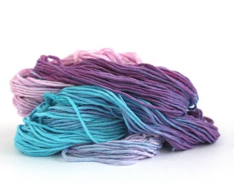Handdyed bamboo yarn, pink purple blue hand dyed DK yarn, Double knitting wool light worsted crochet yarn, Perran Yarns Berry Burst, uk