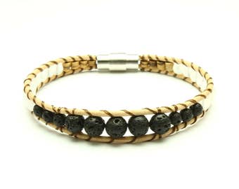 Aromathérapie huile diffuseur Bracelet : Pierre de lave, neige QUARTZ, cuir véritable, double fermeture aimant. Bijoux faits main.