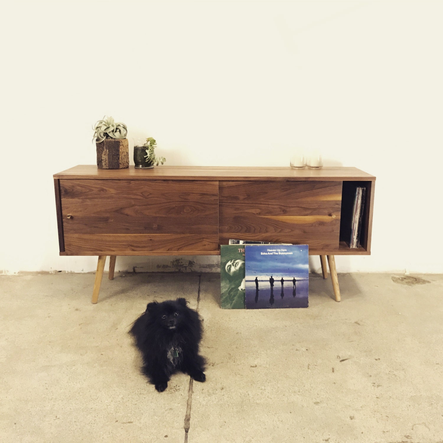 Walnut Mid Century Media Console With Mix Walnut Sliding Doors