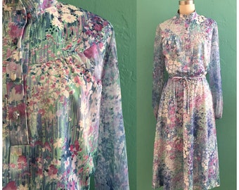 70's floral print spring dress // watercolor print shirt dress