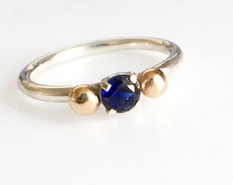 Sapphire Stacking Ring, Sterling Silver Sapphire Ring with 14k Gold Accents, Sapphire Birthstone Ring, September Birthstone Jewelry