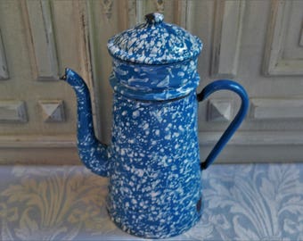 Vintage enamel coffee pot French Biggin mottled blue and white vintage 1930's, rustic enamel jug, cafétiere enamelware antique country decor