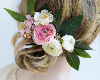 bridal headpiece, bridal hair clip, floral headpiece, pink flower hair accessories, bridal hair piece, pink flower hair clip, wedding hair