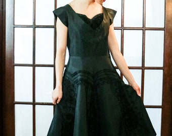Vintage Black Silk Taffeta Dress - Needs Some TLC